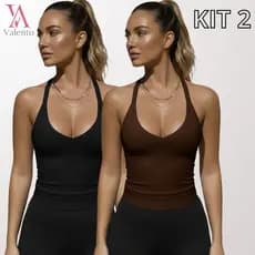 Kit 2 Blusas Regata Feminina Canelada Alça Fina Básica Lisa Modelo Nadador Academia