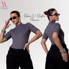 Body Feminino Gola Alta Canelado Manga Curta  Ribana, Casual Elegante, Valoriza o Corpo, Confortável
