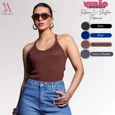 Blusa Feminina Gola V Alça Fina Costas Nadador Moda Gringa Tendencia Verão