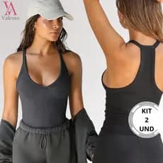 KIT Blusa Regata Feminina Estilosa Tendência Canelada Alça Fina - Costas Nadador Verão