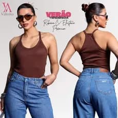 Blusa Feminina Decote V Costas Nadador Alça Fina Tendência Verão