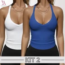 Kit 2 Blusas Regata Nadador Canelada Alça Fina Feminina Lisa Academia E Casual