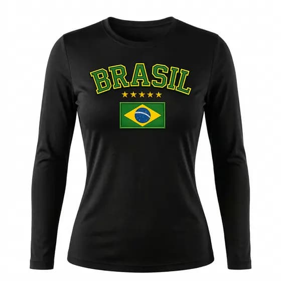 Camiseta Dry fit Estampa Brasil Feminina Manga Longa Proteção Solar UV50+ Térmica Segunda Pele