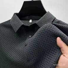 Moda Gelo Seda de Manga Curta Camisa dos homens com Cor Sólida Verão gola Alta Qualidade Camisa Polo dos homens Blusa