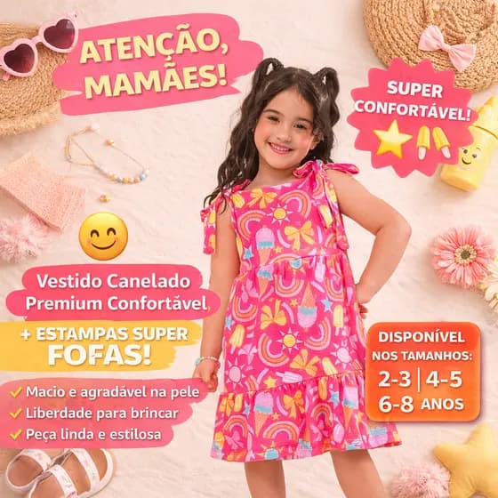 Vestido Infantil Canelado Premium Confortável Estampado Menina