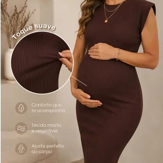 Vestido Midi Gestante Muscle Canelado Casual Conforto e Estilo Versátil Gravidez