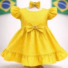 Vestido Bebê Brasil Amarelo Poá Verde Copa 0 a 8 Meses 100% Algodão Infantil