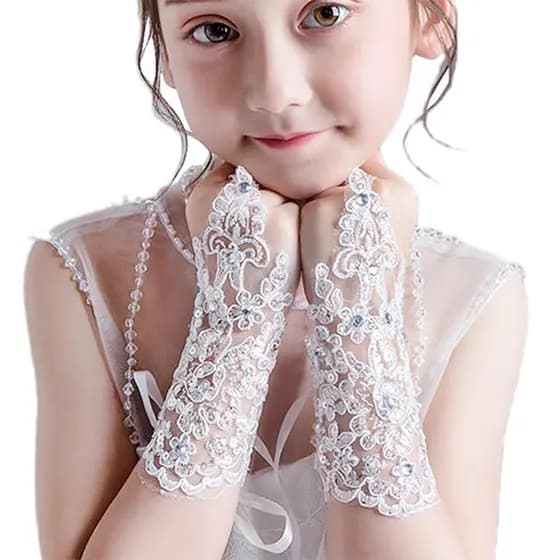 Luvas de Vestido de Princesa de Renda Vermelha e Branca Sem Dedos para Crianças - Vestido de Aniversário para Meninas