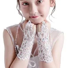 Luvas de Vestido de Princesa de Renda Vermelha e Branca Sem Dedos para Crianças - Vestido de Aniversário para Meninas