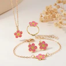 Conjunto floral rosa mais vendido, colar com pingente, pulseira, brincos e anel simples e elegantes.