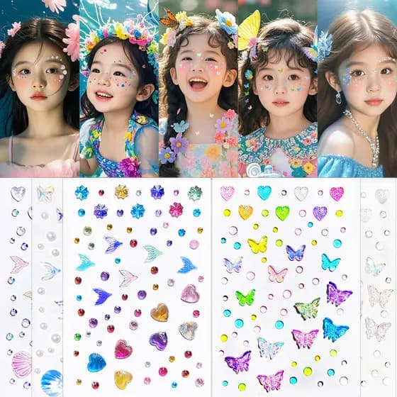 Adesivos de cristal em formato de borboleta para maquiagem infantil, para uso no rosto em apresentações de maquiagem e f
