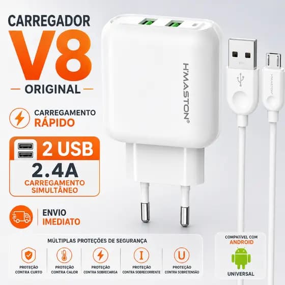 [ORIGINAL] Carregador V8 2 USB 2.4A Carregamento Rápido Compatível Android com Cabo