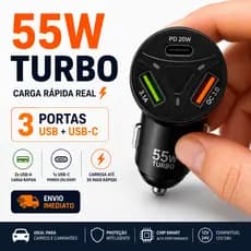 Carregador Veicular 55W Turbo 3 Portas USB + USB-C Carga Rápida iPhone Android