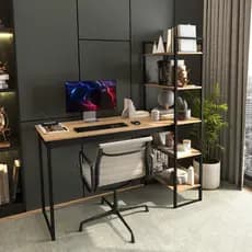 Mesa Escrivaninha Industrial com Prateleira Integrada Preta com Madeirado Design Moderno Ferro e Madeira Mod: Athenas