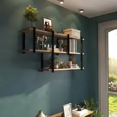 Nicho Triplo de Parede Industrial em Ferro Preto com Madeira Laminada Prateleira Decorativa