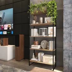 Estante de Ferro e Madeira Com Prateleiras Estilo Industrial Moderno Lâmina Com Preto