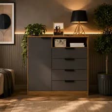 Cômoda de Madeira Moderna 4 Gavetas + Porta – Minimalista Ideal para Quarto e Sala Off White Madeirado Cinza