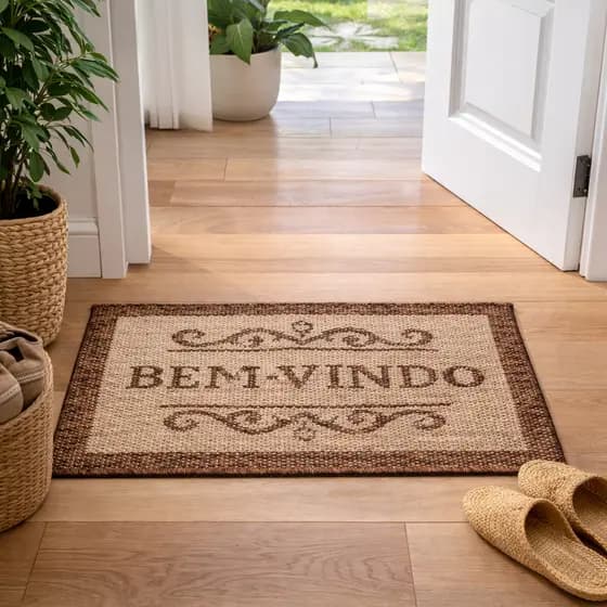 Tapete de Entrada Bem-Vindo Marrom Rústico Antiderrapante, Resistente e Decorativo