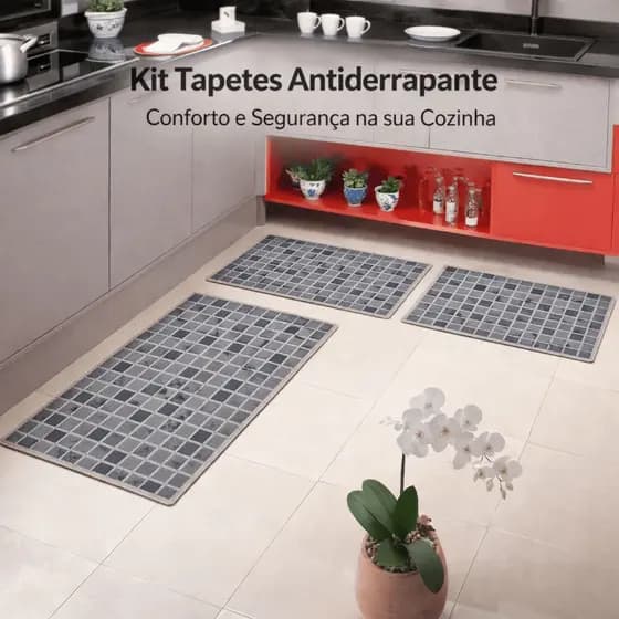 Kit Tapetes Cozinha 3 Peças Antiderrapante Quadriculado Xadrez Moderno Antiderrapante Lavável