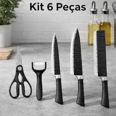 Kit Facas Serrilhadas 6 Peças Cozinha Profissional + Tesoura e Descascador Inox Antiaderente