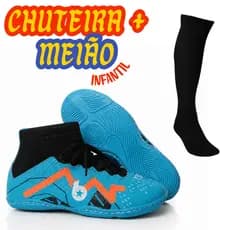 Chuteira Futsal Infantil Tênis Quadra Botinha Azul Solado Costurado+Meião 26 ao 33 criança colorida