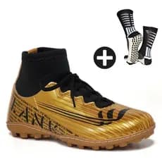 Chuteira Dourada Society Botinha Blank Star Totalmente Costurada + Meia BLK PRO SOCCER