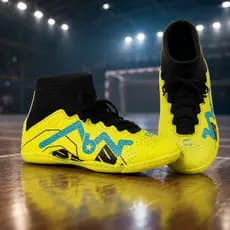 Chuteira Futsal Infantil Tênis Quadra Amarelo Cano Alto Botinha Solado Costurado + Meião 28 ao 33