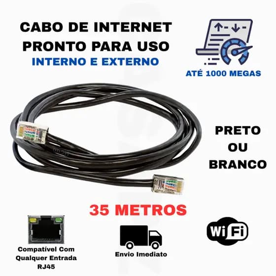 Cabo De Rede Branco ou Preto RJ45 1GB Internet Pc Notebook Roteador Smart Tv Video Games 35 Metros