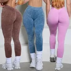 Leggings de cintura alta lavadas nas costas em V para levantamento de quadril feminino/respirável para ciclismo com list