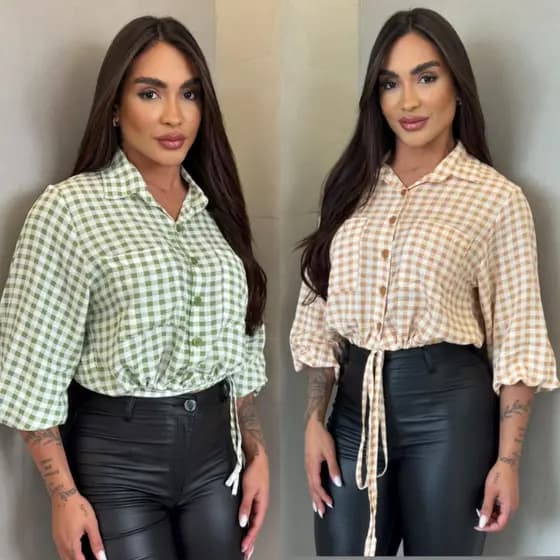 CAMISA SOCIAL FEMININA XADREZ DE MANGA 7/8 ELEGANTE ,BOTOES FRONTAIS,MODA CASUAL/CAMISA PARA QUADRILHA XADREZ SOCIAL