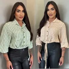 CAMISA SOCIAL FEMININA XADREZ DE MANGA 7/8 ELEGANTE ,BOTOES FRONTAIS,MODA CASUAL/CAMISA PARA QUADRILHA XADREZ SOCIAL