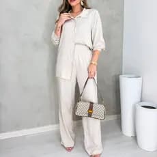 CONJUNTO SOCIAL ELEGANTE FEMININO CAMISA MANGA LONGA E CALÇA PANATLONA DE VISCOLINHO