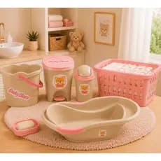 Kit Para Banho Quarto Bebê Baby Menino Menina Banheira Saboneteira Cesto Baldinho E Lixeira Rosa