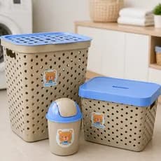 Kit Banho Banheiro Baby Bebê Cestos Roupas E Lixeira Menino Menina Azul