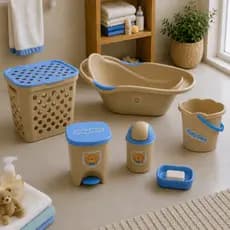 Kit Banho Bebê Azul 6 Peças Banheira 20L Cesto 30L Balde 8L Lixeira 15L Lixeira Basculante 3L e Saboneteira