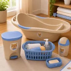 Kit Para Banho Quarto Bebê Baby Menino Banheira Saboneteira Cesto e Lixeiras Azul