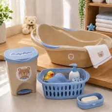 Kit Para Banho Quarto Bebê Baby Menino Menina Banheira Saboneteira Cesto E Lixeira Azul