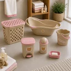 Kit Completo Infantil Banheira + Cesto 30L + Lixeiras + Balde Bebê Rosa + Saboneteira