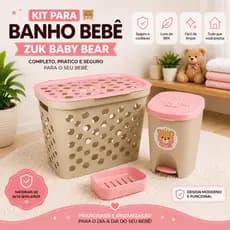 Kit Banho Banheiro Baby Bebê Cesto Roupa Saboneteira Lixeira Com Pedal E Tampa Infantil  Rosa Menina