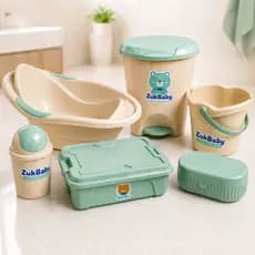 Kit Para Banho Quarto Bebê Baby Menino Menina Banheira Saboneteira Organizador Baldinho E Lixeiras Verde