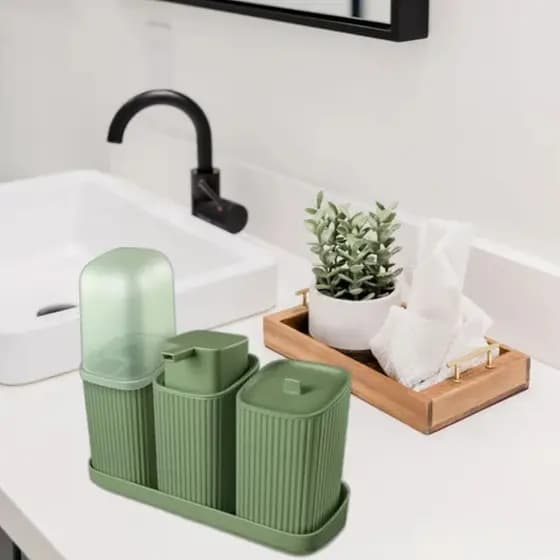 Kit Banheiro Suporte Escova Porta Algodão Sabonete Liquido E Dispense Premium Verde