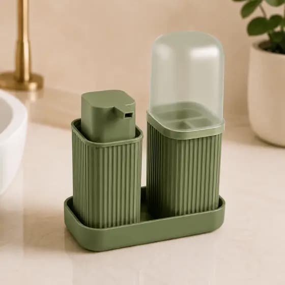 Kit Banheiro Porta Escova Com Dispense Liquido Linha Premium Verde
