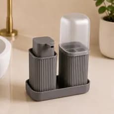 Kit Banheiro Porta Escova Com Dispense Liquido Linha Premium Cinza