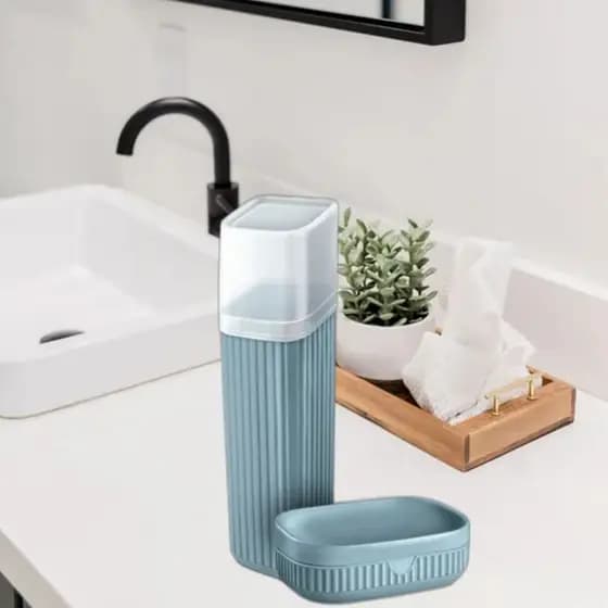 Kit Viagem  Estojo Porta Escova Com Saboneteira Para Banheiro Azul