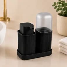 Kit Banheiro Porta Escova Com Dispense Liquido Linha Premium Preto