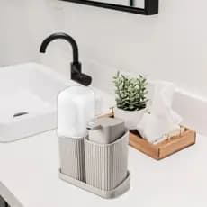 Kit Banheiro Porta Escova Com Dispense Liquido Linha Premium Cinza