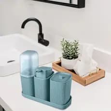Kit Banheiro Suporte Escova Porta Algodão Sabonete Liquido E Dispense Premium Azul
