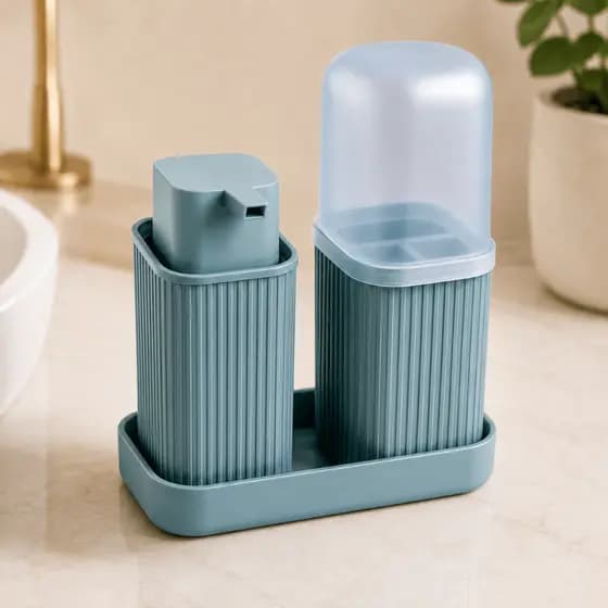 Kit Banheiro Porta Escova Com Dispense Liquido Linha Premium Azul
