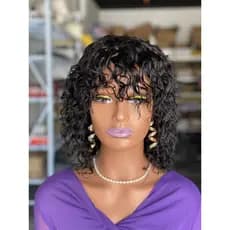 Perucas De Cabelo Humano Com Ondas De água e Franja, Perucas De Cabelo Ondulado Preto cor 35 cm