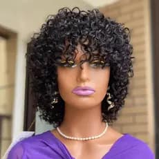 Perucas De Cabelo Humano Natural Onda De Água Com Franja Cor Preta 25/30cm